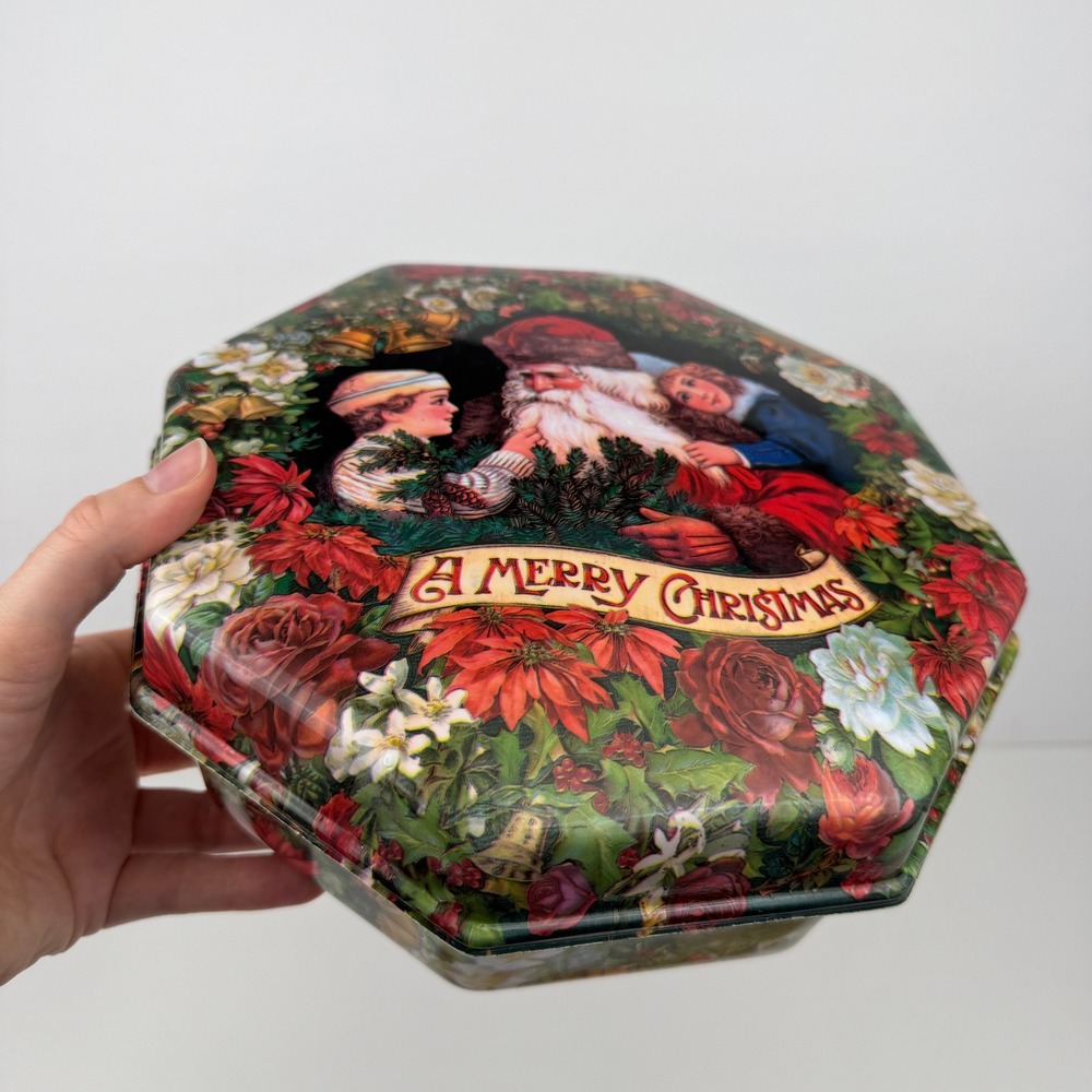 Vtg Ullman Co Hexagon Shape Merry Christmas Plastic Container w Lid Floral